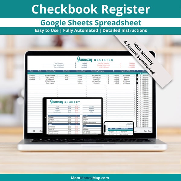 Checkbook Register with Monthly and Annual Summaries Google Sheets Spreadsheet, Digital Transaction Tracker Template, Check Register Ledger