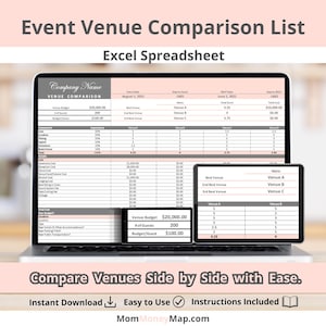 May include: A laptop and tablet display an event venue comparison list in an Excel spreadsheet format. The spreadsheet includes venue details, budget, and guest information. Text on the image reads: "Compare Venues Side by Side with Ease."