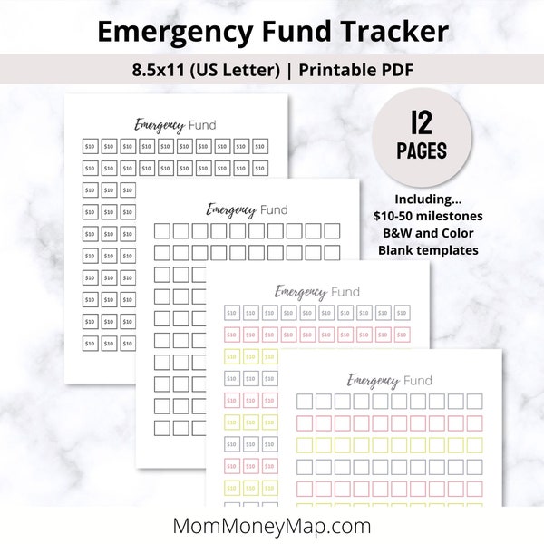 Emergency Fund Tracker Chart Printable PDF, Track your Savings Progress towards your Rainy Day Fund / Efund Goal Challenge (1000, 2000 etc.)