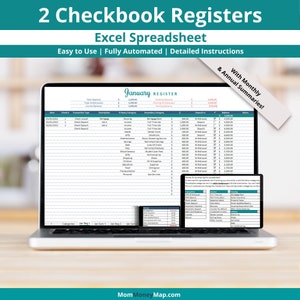 2 chequeboekregisters met maand- en jaaroverzichten Excel-spreadsheet, chequeboektracker, chequeboeklogboek, transactieregistersjabloon
