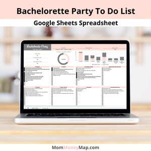 Puede incluir: Una pantalla de computadora port&aacute;til que muestra una hoja de c&aacute;lculo de Google Sheets con un esquema de color rosa y gris. La hoja de c&aacute;lculo se titula "Lista de cosas que hacer para una despedida de soltera" e incluye una lista de verificaci&oacute;n de tareas para completar para una despedida de soltera. La hoja de c&aacute;lculo tambi&eacute;n incluye una barra de progreso y un gr&aacute;fico circular que muestra el porcentaje de tareas completadas.