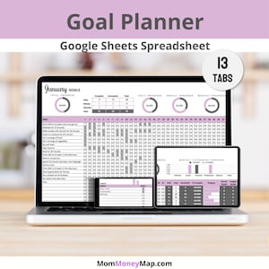 目標設定/計画のための目標プランナー（Googleスプレッドシート）、デジタル目標トラッカー（日次、週次、月次の目標と年間サマリー）