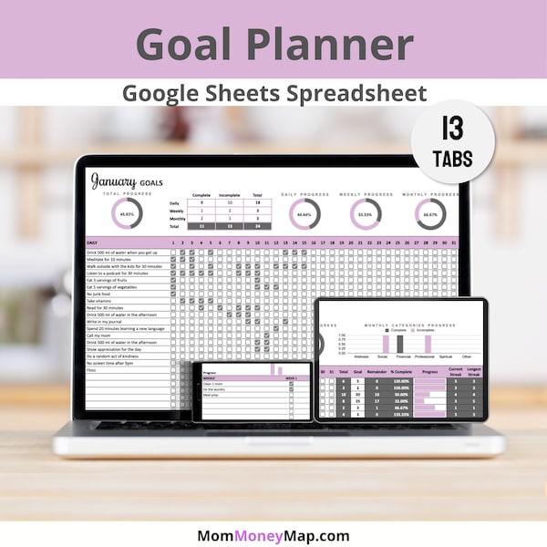 Goal Planner Google Sheets Spreadsheet, Digital Goal Tracker (Daily, Weekly & Monthly Goals with Yearly Summary) for Goal Setting/Planning