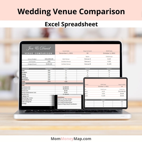 Wedding Venue Comparison Excel Spreadsheet | Compare Wedding Venues Systematically With A Checklist and Assessment Tool | Online Download