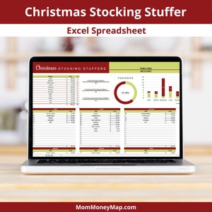 May include: A laptop computer screen displaying a Christmas Stocking Stuffer Excel spreadsheet. The spreadsheet includes a list of names, gifts, and costs. A pie chart shows the percentage of purchased stocking stuffers. The spreadsheet title is "Christmas Stocking Stuffers".