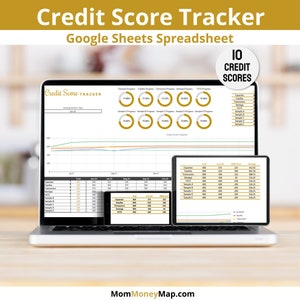 May include: A laptop computer displaying a Google Sheets spreadsheet titled "Credit Score Tracker". The spreadsheet includes a line graph showing credit score progress over time, a table with credit score data, and a section with 10 credit score progress circles.