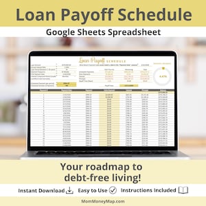 Könnte beinhalten: Ein Laptop zeigt einen Tilgungsplan für einen Kredit in einer Google Sheets-Tabelle an. Der Bildschirm zeigt Zahlungsdaten, Zinsen und Restbeträge. Der Text unten lautet: "Ihr Fahrplan zum schuldenfreien Leben!" und "Sofortiger Download."