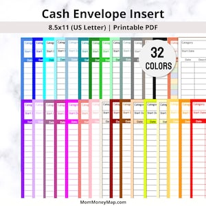 Può includere: Un PDF stampabile di 32 inserti per buste di denaro di diversi colori. Ogni inserto ha una sezione per la categoria, la data di inizio e la data. Il testo "Cash Envelope Insert" e "8.5x11 (US Letter) | Printable PDF" è nella parte superiore dell'immagine. Il testo "32 COLORS" è al centro dell'immagine. Il testo "MomMoneyMap.com" è nella parte inferiore dell'immagine.