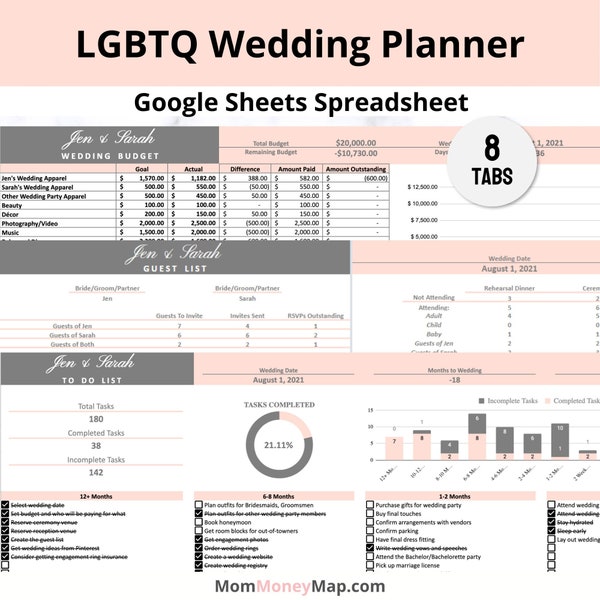 LGBTQ Wedding Planner, Lesbian Wedding Planner, Gay Wedding Planner, LGBT Wedding Planner, Two Brides, Two Grooms, Google Sheets Spreadsheet
