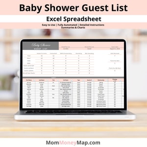 Baby Shower Guest List Template, Guest List Tracker for Baby Shower, Babyshower Party RSVP Invite and Invitation List Excel Spreadsheet