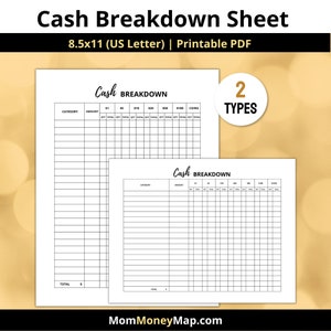 Cash Breakdown Sheet Printable PDF, Money Breakdown Form by Denomination, Bank Teller Sheet for Cash Envelopes/Stuffing Digital Download