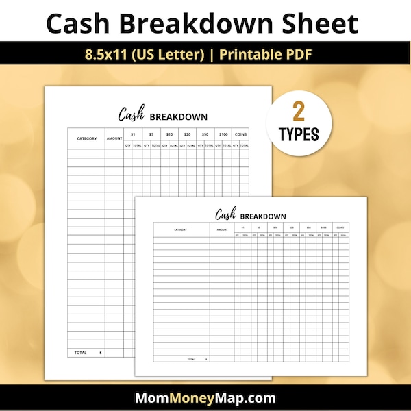 Cash Breakdown Sheet Printable PDF, Money Breakdown Form by Denomination, Bank Teller Sheet for Cash Envelopes/Stuffing Digital Download