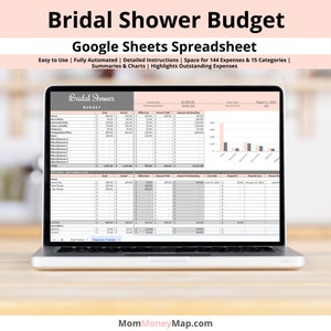 May include: A laptop screen displaying a Google Sheets spreadsheet titled "Bridal Shower Budget". The spreadsheet is designed to help plan and track expenses for a bridal shower. It includes categories for various expenses, such as venue, food, decorations, and gifts. The spreadsheet also includes a chart that visualises the budget.