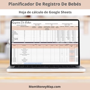 May include: A laptop screen showing a Google Sheets spreadsheet in Spanish, titled "Baby Registry Planner". The spreadsheet details baby-related items, quantities, and costs. The website MomMoneyMap.com is displayed at the bottom.