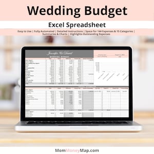 May include: A laptop computer screen displaying a wedding budget spreadsheet with the title "Jennifer & David Wedding Budget". The spreadsheet includes columns for goal, actual, difference, amount paid, amount outstanding, due date, deposit 1, deposit 2, and person paying. The spreadsheet is organized by category, such as bride's apparel, groom's apparel, ceremony, reception, and honeymoon.