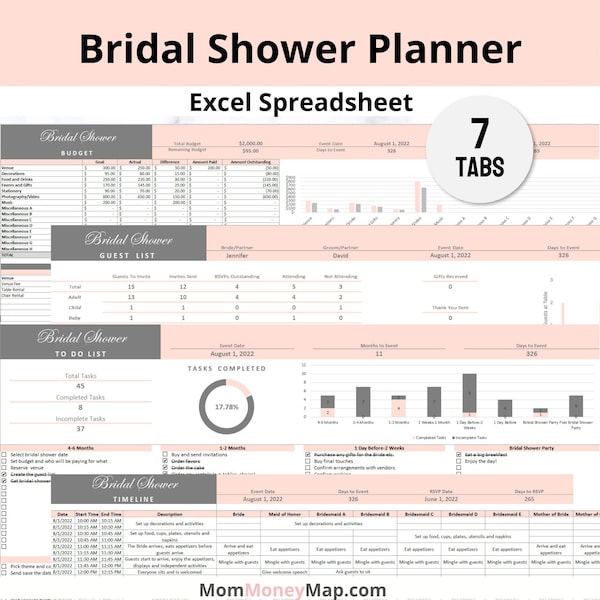 Bridal Shower Planner Excel Spreadsheet Template | Bridal Shower Party Planning Bundle with a Checklist and Budget | Digital Download