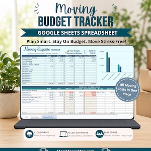 Könnte beinhalten: Eine digitale Moving Budget Tracker Tabelle für Google Sheets auf einem Laptop-Bildschirm. Die Benutzeroberfläche zeigt Spalten für Budget, tatsächliche Kosten und Differenzen sowie ein Balkendiagramm. Text beinhaltet Moving Budget Tracker und MomMoneyMap.com.
