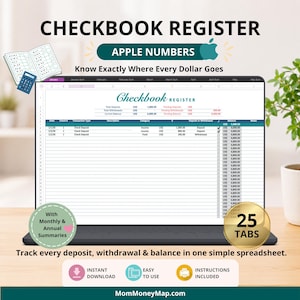 Apple Numbers kasboekoverzicht met maand- en jaaroverzichten voor het bijhouden van transacties en rekeningsaldi (digitaal)