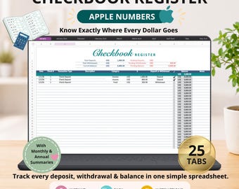 Mac Apple Numbers Checkbook Register with Monthly and Annual Summaries (Digital Transaction Tracker)