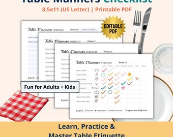 Kids Table Manners Checklist Printable PDF for Teaching Dining Etiquette, Mealtime Rules, Good Behavior and Table Habits (Digital Download)