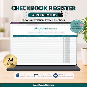 以下が含まれることがあります： Apple Numbers用のデジタル小切手帳登録テンプレートがノートパソコンの画面に表示されています。インターフェースには24個のタブ、月次サマリー、日付、小切手番号、取引タイプ、説明、カテゴリ、および米ドルでの残高を表示する列が含まれています。
