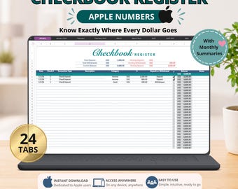 Apple Numbers Checkbook Register Spreadsheet with Monthly Summaries and Automatic Balance Tracking for Bank Transactions (Digital Download)