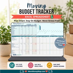 May include: A digital moving budget tracker displayed on a laptop screen. The spreadsheet includes columns for budget, actual costs, and differences. Text on the screen reads Moving Budget Tracker, Excel Spreadsheet, and All Moving Costs In One Place.