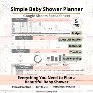 May include: A digital baby shower planner spreadsheet with a pink and gray color scheme. The planner includes tabs for budget, guest list, to-do list, timeline, and table planning. The text reads "Everything You Need to Plan a Beautiful Baby Shower."