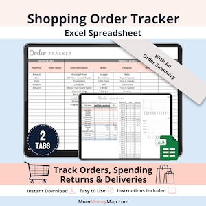 Plantilla de hoja de cálculo de Excel para el seguimiento de pedidos online: seguimiento de compras, pedidos, envíos, paquetes, entregas y devoluciones (digital).