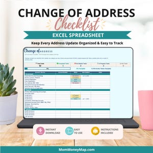 May include: A digital Change of Address Checklist Excel spreadsheet displayed on a laptop screen. The interface features columns for account services, status, and dates, with a progress tracker at the top showing 52 total tasks and 6% completion.