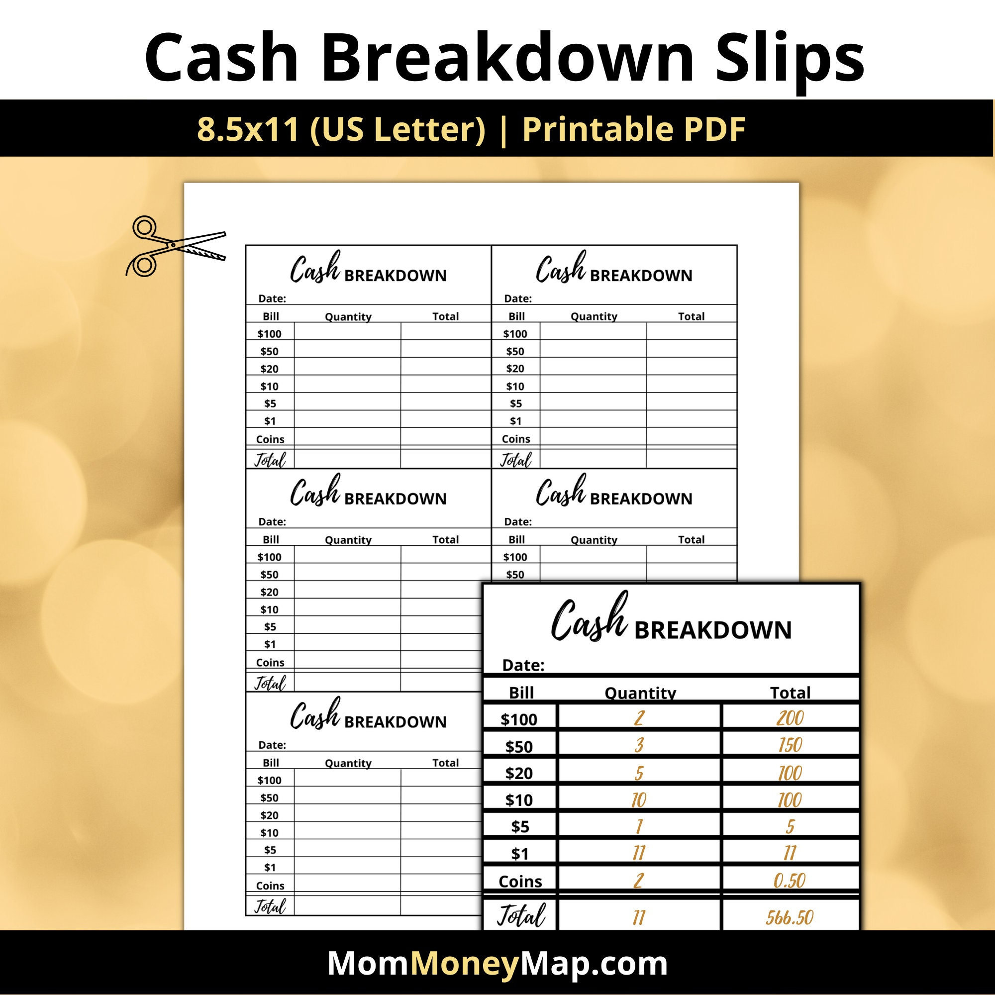 Cash Breakdown Slips Printable PDF, Bank Teller Slips for Cash ...