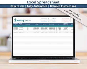 Trust Account Ledger Excel Spreadsheet, Estate and Trustee Accounting Tracker, Monthly Transaction Register Template