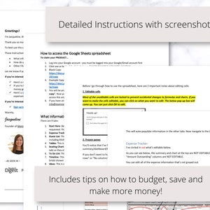 May include: A screenshot of a Google Sheets spreadsheet with instructions on how to access and edit the spreadsheet. The spreadsheet is designed to help users budget, save, and make more money. The image includes a red circle highlighting editable cells.