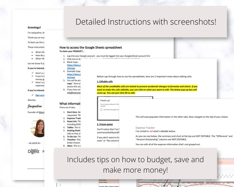 May include: A screenshot of a Google Sheets spreadsheet with instructions on how to access and edit the spreadsheet. The spreadsheet is designed to help users budget, save, and make more money. The image includes a red circle highlighting editable cells.