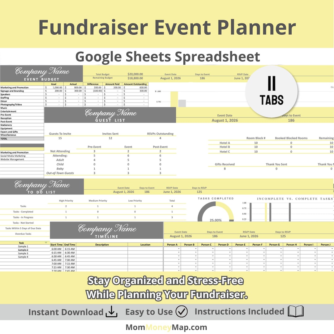 Fundraiser Event Planner Google Sheets Spreadsheet in Yellow Template ...