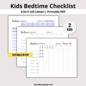 Checklist voor bedtijdschema voor kinderen afdrukbaar voor 2 kinderen, checklist avond/nacht visueel schema voor peuters PDF bewerkbare sjabloon