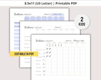 Kids Bedtime Routine Chart Checklist Printable for 2 Kids, Evening/Nighttime Checklist Visual Schedule For Toddlers PDF Editable Template