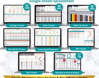 Bundel met Google Sheets-sjablonen voor financieel planners, inclusief budgettering, uitgaven, spaargeld, rekeningen en schuldenbeheer (digitale download).