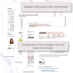 Puede incluir: Una gu&iacute;a digital con capturas de pantalla que muestran c&oacute;mo usar una hoja de c&aacute;lculo de Google Sheets para presupuestar, ahorrar y ganar m&aacute;s dinero. La gu&iacute;a incluye consejos sobre c&oacute;mo acercar y alejar la hoja de c&aacute;lculo para ver los n&uacute;meros m&aacute;s claramente.