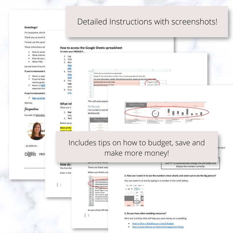 Puede incluir: Una gu&iacute;a digital con capturas de pantalla que muestran c&oacute;mo usar una hoja de c&aacute;lculo de Google Sheets para presupuestar, ahorrar y ganar m&aacute;s dinero. La gu&iacute;a incluye consejos sobre c&oacute;mo acercar y alejar la hoja de c&aacute;lculo para ver los n&uacute;meros m&aacute;s claramente.