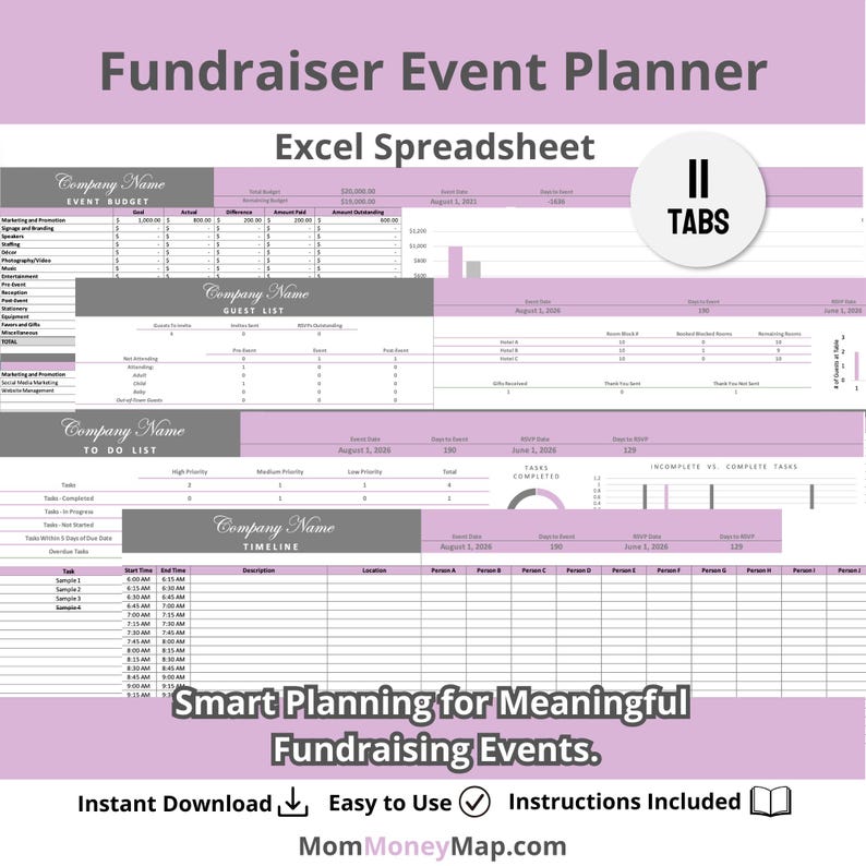 Fundraiser Event Planner Excel Spreadsheet Template in Purple, Event ...