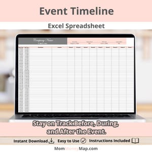 May include: A laptop displays an event timeline template in an Excel spreadsheet. The screen shows a grid with columns for start and end times, descriptions, and locations. Text at the top reads "Event Timeline" and "Excel Spreadsheet."