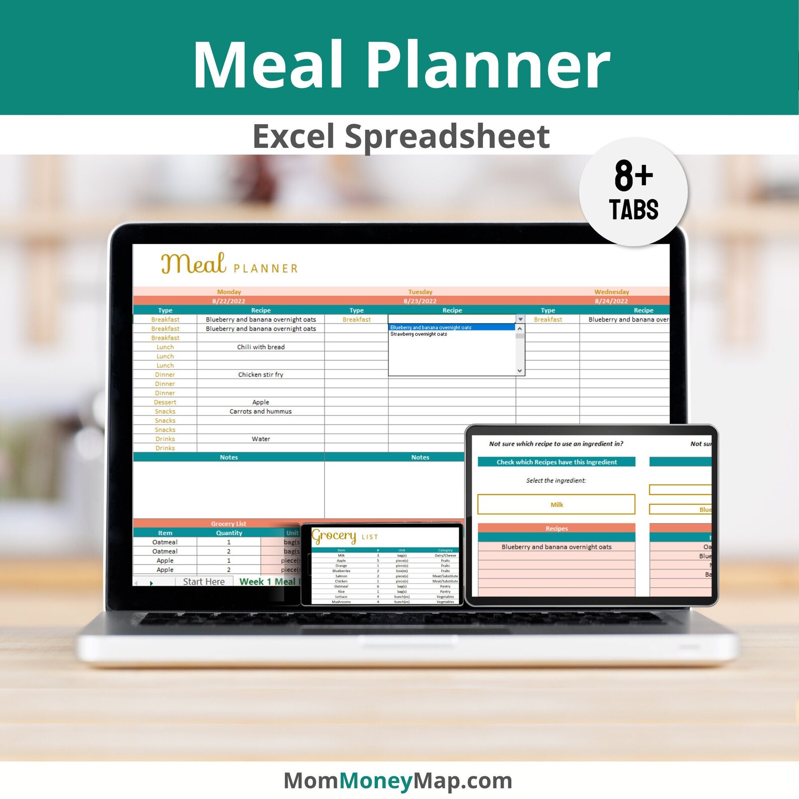 Weekly Meal Planner Excel Spreadsheet Template With Editable Snacks, Recipes &amp; Printable Grocery ...