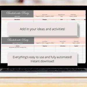 May include: A printable bachelorette party planner with a pink and gray color scheme. The planner includes sections for ideas, activities, event dates, organizers, instructions, and supplies. The text "Add in your ideas and activities!" is displayed on the planner.