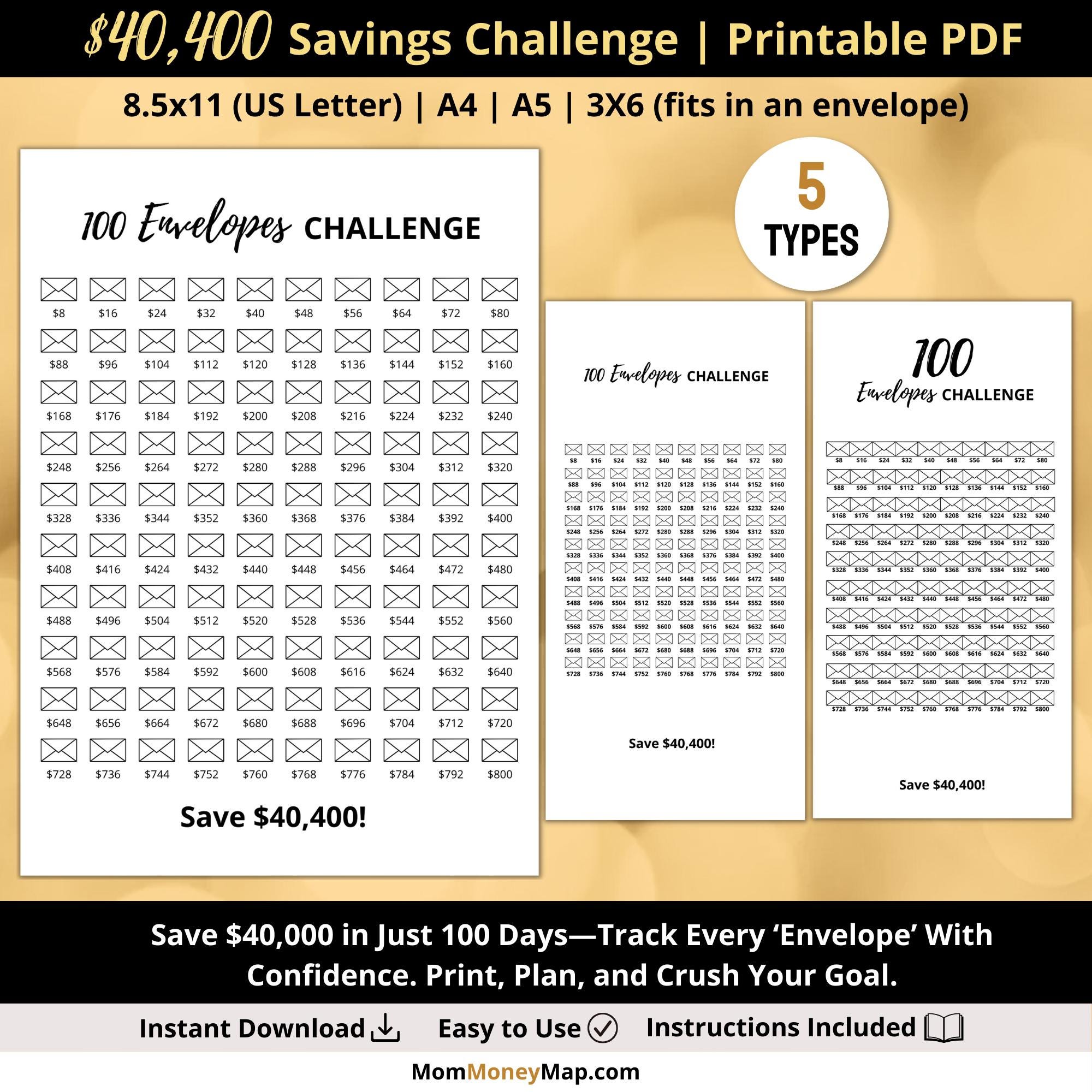40k Savings Challenge Printable PDF, Save 40000 in 100 Days, 100 ...