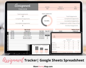 homework planner Assignment Tracker Google Sheets Spreadsheet Template | Homework Planner Checklist Digital For College or High School | Weekly Study Log