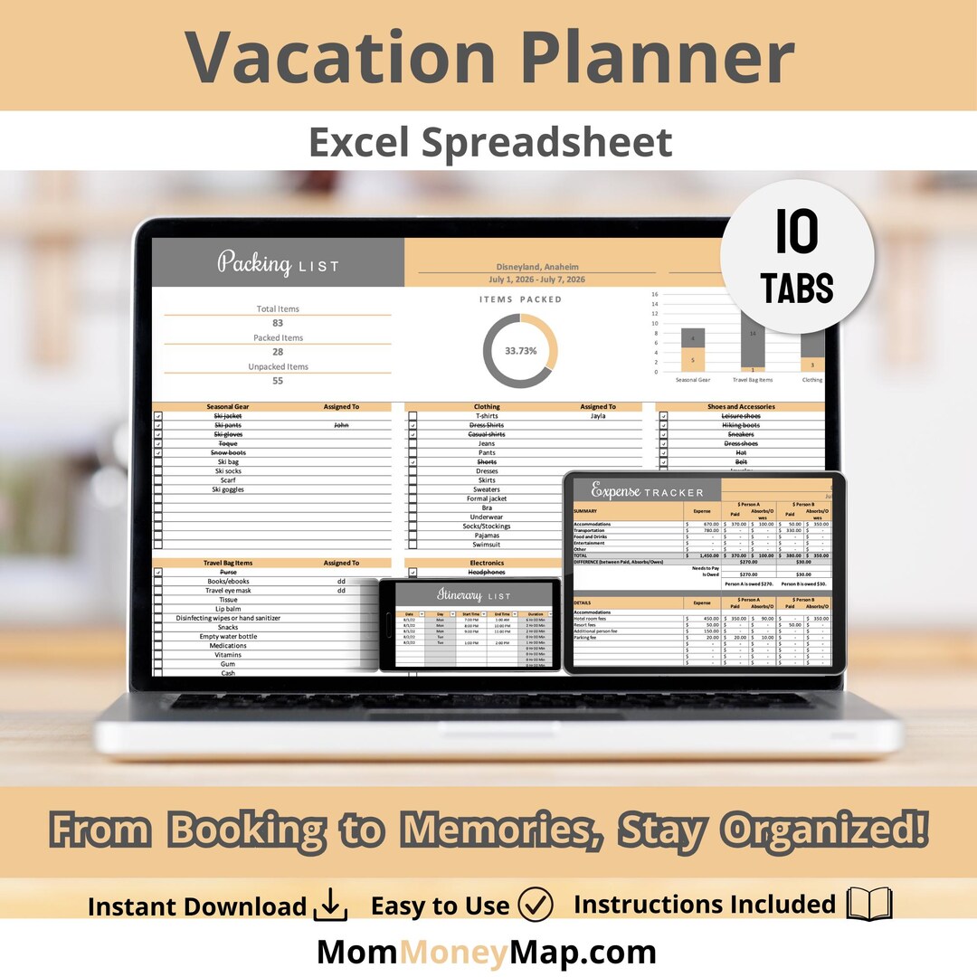 Vacation Planner Excel Spreadsheet Template, Editable Trip Organizer ...