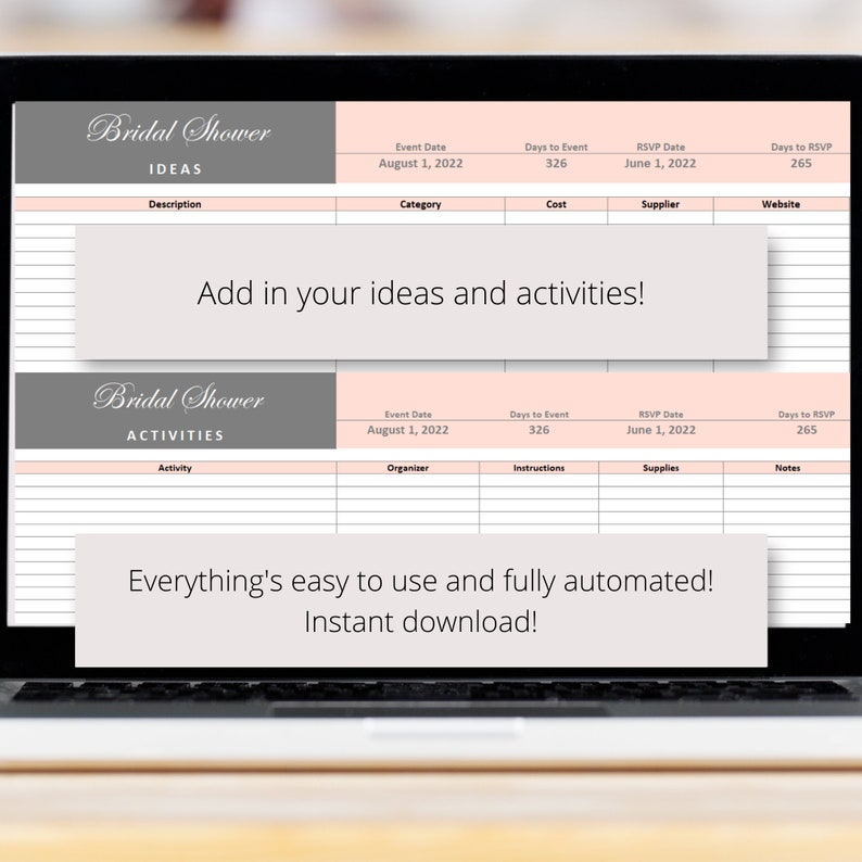 May include: A printable bridal shower planner with a pink and gray color scheme. The planner includes sections for ideas, activities, event date, days to event, RSVP date, days to RSVP, category, cost, supplier, website, organizer, instructions, supplies, and notes.
