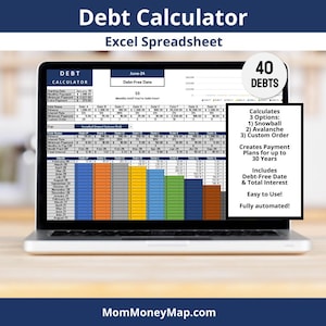 Könnte beinhalten: Ein Laptop-Computer zeigt eine Tabellenkalkulation mit einem Schuldenrechner. Die Tabellenkalkulation trägt den Titel "Debt Calculator" und enthält ein farbiges Diagramm mit den Worten "Snowball Payment Balance (Debt)" und "Months to Pay Off". Die Tabellenkalkulation enthält auch einen Abschnitt mit dem Titel "Debt-Free Date" mit dem Datum "June-24" und der Zahl "53". Der Text "40 Debts" wird in einem blauen Feld in der oberen rechten Ecke des Bildschirms angezeigt. Der Text "Calculates 3 Options: 1) Snowball 2) Avalanche 3) Custom Order" wird in einem weißen Feld auf der rechten Seite des Bildschirms angezeigt. Der Text "Creates Payment Plans for up to 30 Years" wird in einem weißen Feld auf der rechten Seite des Bildschirms angezeigt. Der Text "Includes Debt-Free Date & Total Interest" wird in einem weißen Feld auf der rechten Seite des Bildschirms angezeigt. Der Text "Easy to Use! Fully automated!" wird in einem weißen Feld auf der rechten Seite des Bildschirms angezeigt. Der Text "MomMoneyMap.com" wird am unteren Rand des Bildschirms angezeigt.