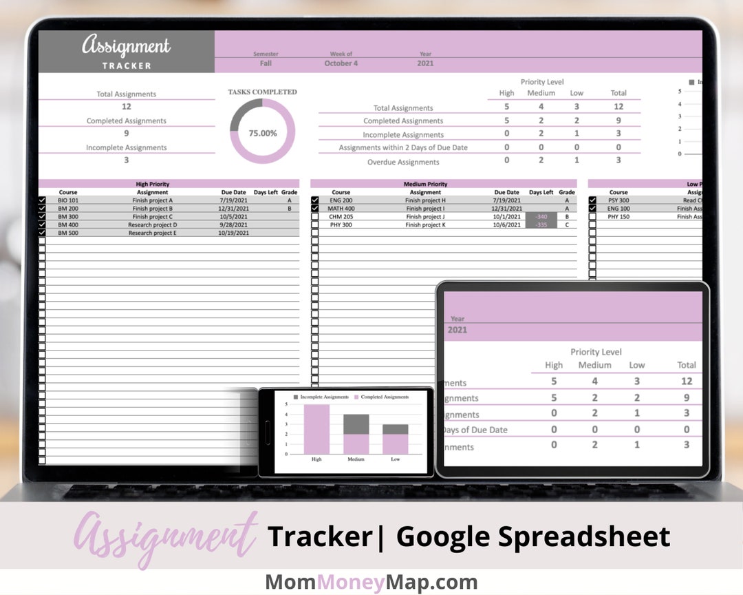 Homework tracker google sheets spreadsheet template etsy